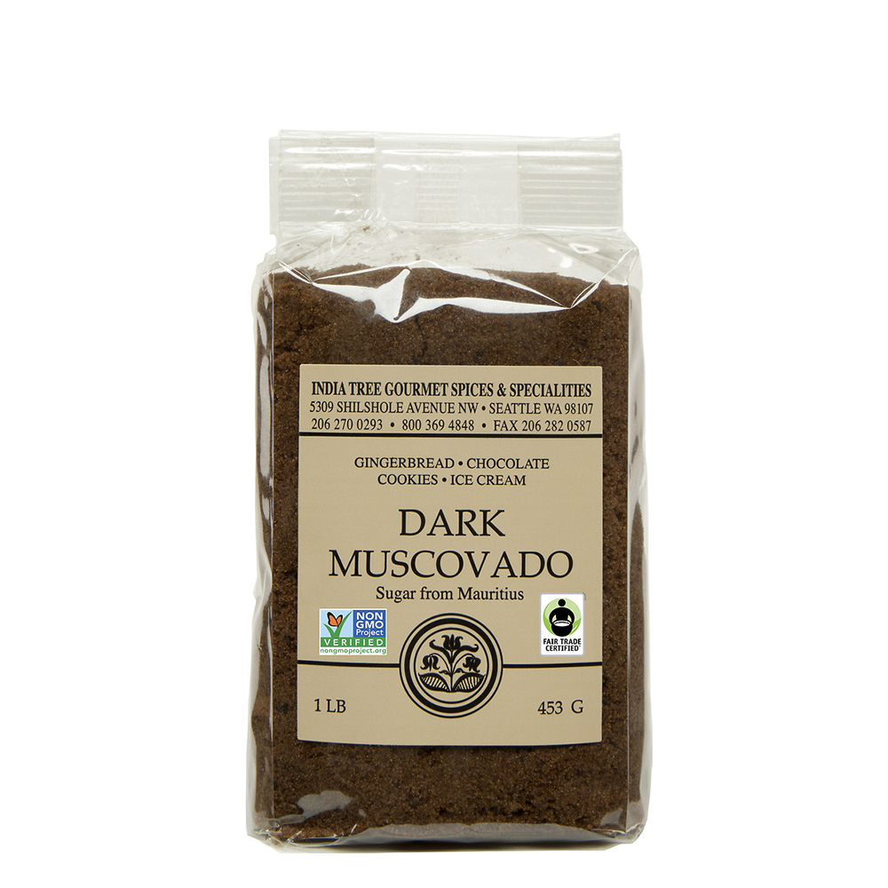 Retail bag of India Tree Dark Muscovado Sugar, showcasing the rich, unrefined brown sugar.