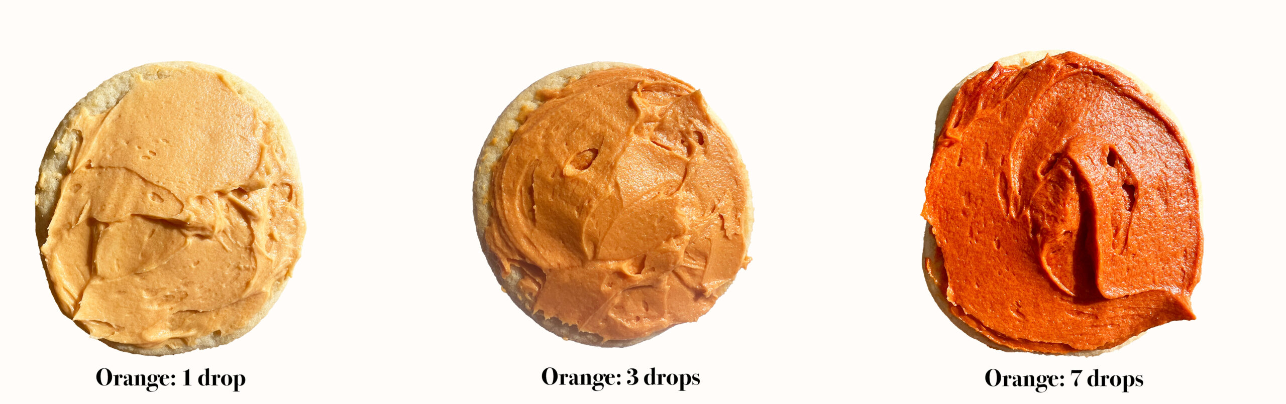 Orange 1, 3, 7 drops in 1/4 cup buttercream