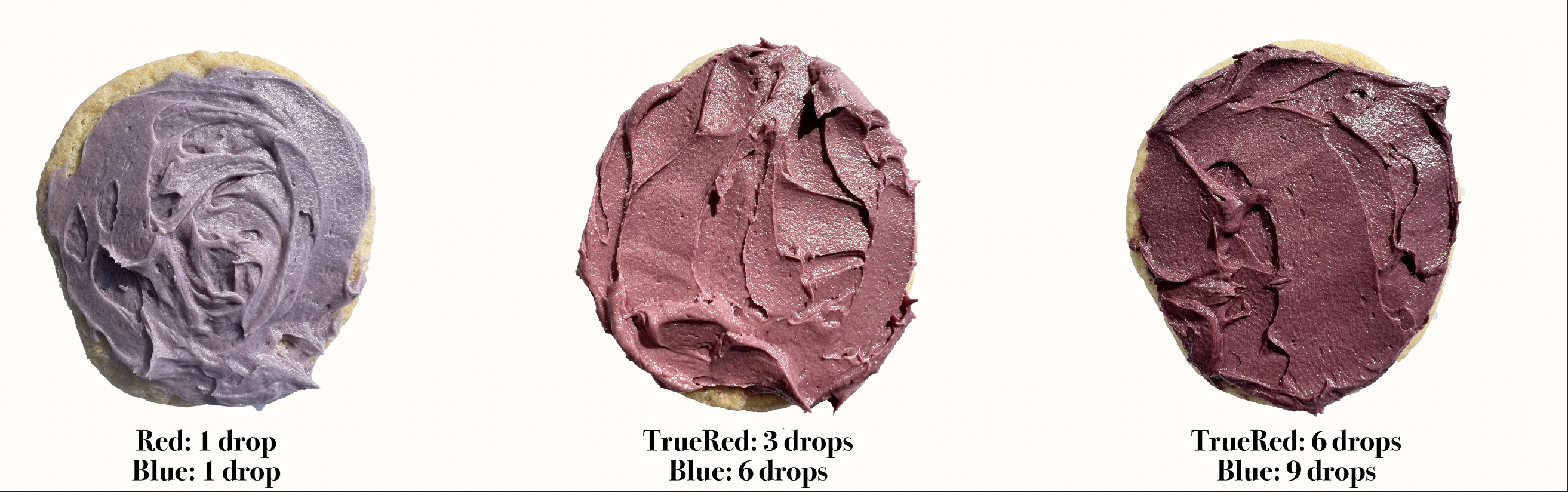 Purple mixes from Red + Blue in 1/4 cup (see labeled ratios)